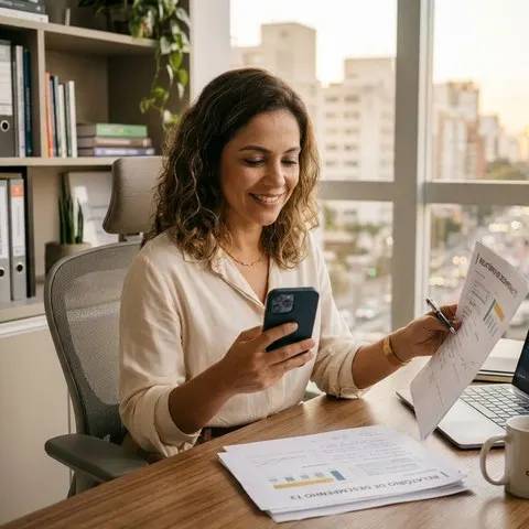 Cliente do escritório usando o celular em seu escritório